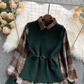 Knitted Vest & Loose Plaid Shirt Two-piece Suit