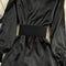 Acetate Satin V-neck Pleated Black Dress
