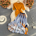 Short Knit Top Pleated Skirt Two Piece Set