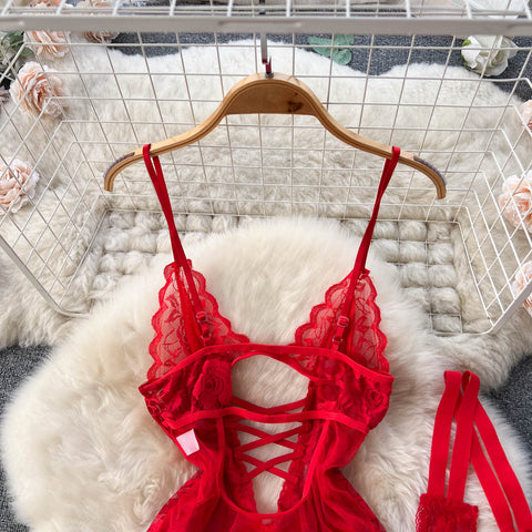 Red Lace Hollowed See-through Jumpsuit