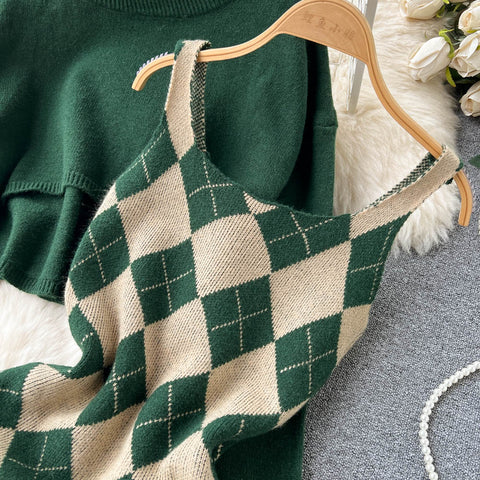 Cardigan&Rhombus Slip Dress Knitted 2Pcs