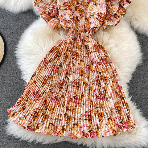 V-Neck Ruffle Sleeve Floral Pleated Dress