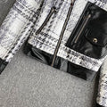 Tweed Leather Panel Short Zipper Cardigan Jacket
