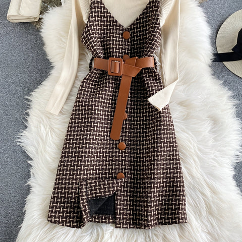 Two-piece Long-sleeved Sweater & Plaid Dress