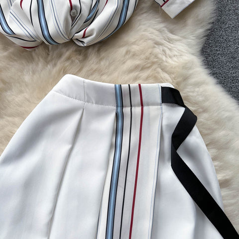 Short-sleeved Shirt&High-waist Skirt Striped 2Pcs