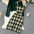 Cardigan&Rhombus Slip Dress Knitted 2Pcs