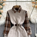 Two-piece Plaid Shirt & Knitted Sweater Vest