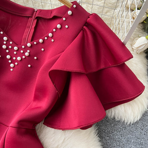 Korean Style Pearl-embellished Slit Hem Dress
