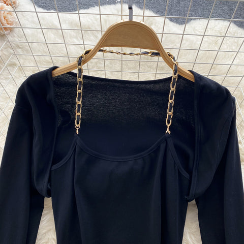 Chain Decorated Black Knit Top&Skirt 2PCs Set