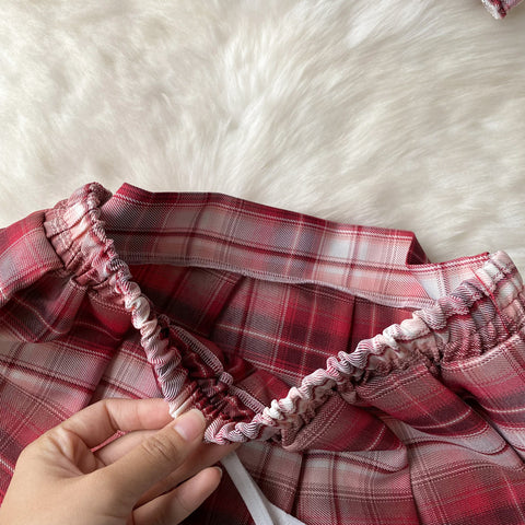 Plaid Crossover Tank Top&Pleated Skirt Set