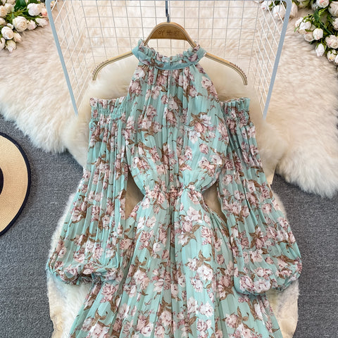 Puff-sleeve Halterneck Off-the-shoulder Floral Dress