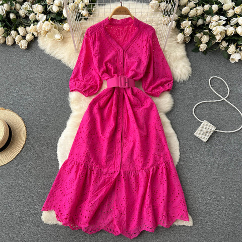 Frock With Hollow V-neck And Bubble Sleeves