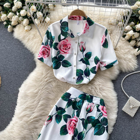 Two-piece Printed Shirt Wide-leg Pants