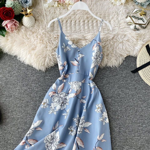 Printed V-neck Strap Beach Dress