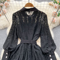 Lapeled Crochet Black Lace Dress