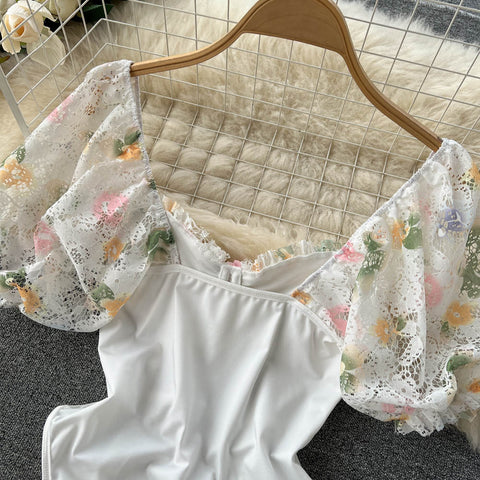 Puffy Sleeve Patchwork Lace Floral Jumpsuit