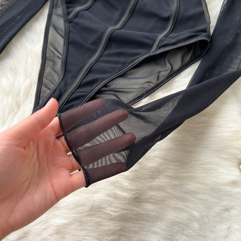 Mesh Patchwork Square Neckline High-cut Jumpsuit