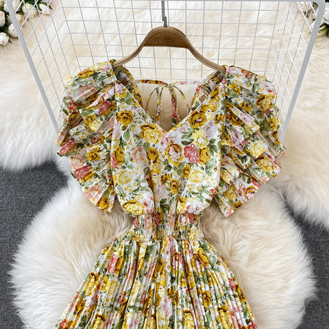 V-Neck Ruffle Sleeve Floral Pleated Dress