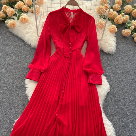 Red Long-sleeved Shirt Waisted Up Dress