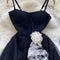 3d Flower Layered Black Slip Dress