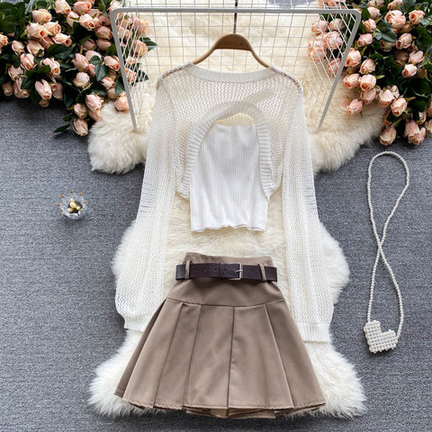 Strap Top + Long-sleeved Knitted Blouse Skirt