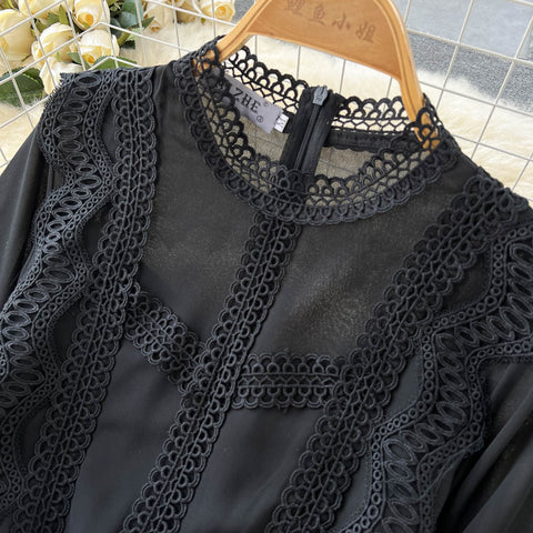 French Style Lace Patchwork Black Dress