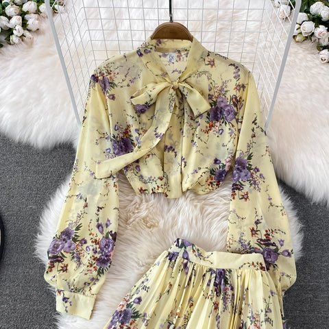 Two-piece Bow Tie Floral Chiffon Shirt And Skirt