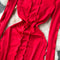 Pleated Patchwork Long-sleeve Red Dress