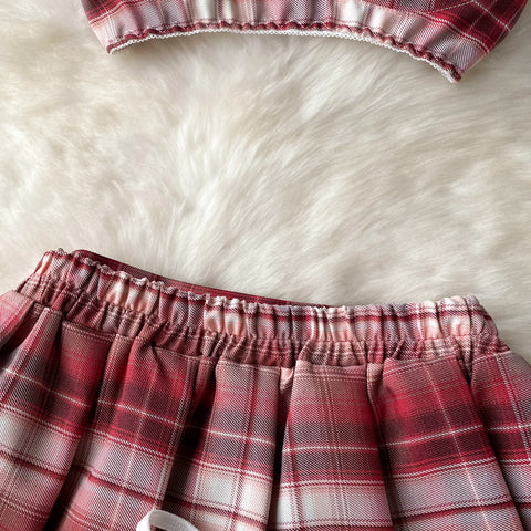 Plaid Crossover Tank Top&Pleated Skirt Set