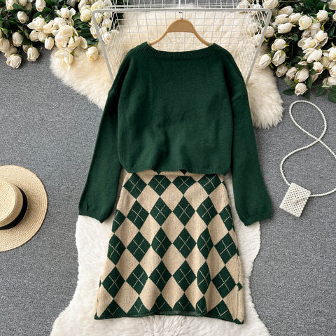 Cardigan&Rhombus Slip Dress Knitted 2Pcs
