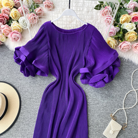 Ruffled Flared Sleeve Pleated Dress