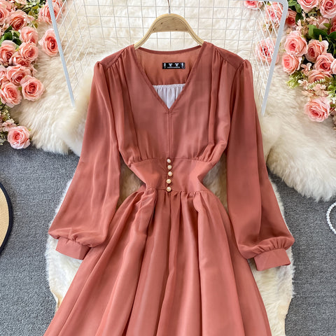 Puff Sleeve High Waist V Neck Chiffon Dress