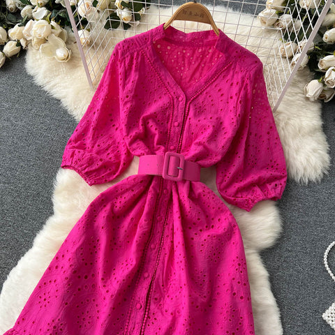Frock With Hollow V-neck And Bubble Sleeves