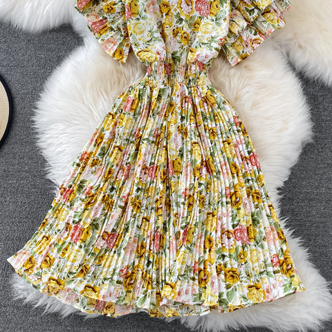 V-Neck Ruffle Sleeve Floral Pleated Dress