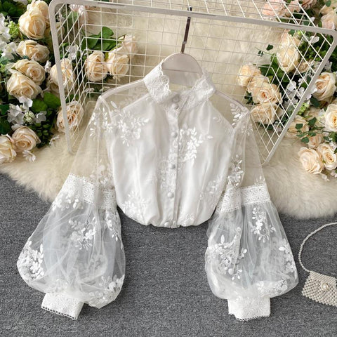 Mesh Lace Embroidered Puff Sleeve Shirt