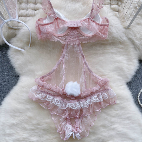Pink Cute Lace Cosplay High-cut Jumpsuit