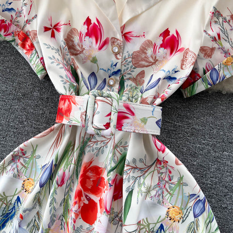 Suit Collar Floral Printed Chiffon Dress