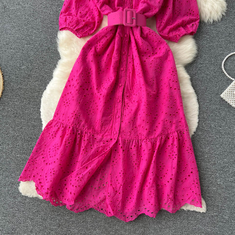 Frock With Hollow V-neck And Bubble Sleeves
