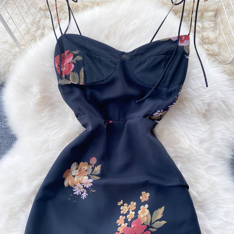 Vintage Floral Printed Black Chiffon Dress