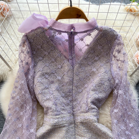 Beaded Embroidered Mesh Bow Dress