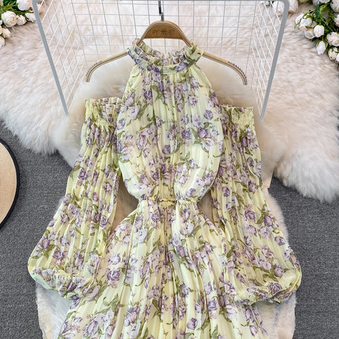 Puff-sleeve Halterneck Off-the-shoulder Floral Dress