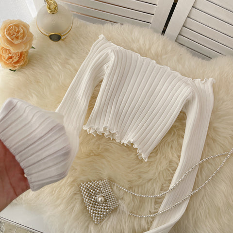 Strapless Navel Knit Long Sleeve T-shirt