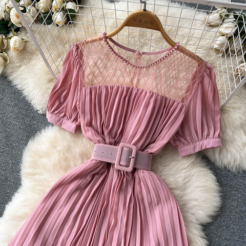 High Waist Tied Chiffon Pleated Dress