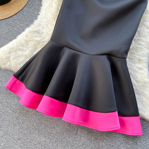 Diagonal Collar Color-blocking Fishtail Dress