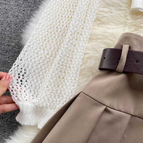 Strap Top + Long-sleeved Knitted Blouse Skirt