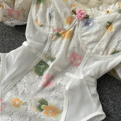 Puffy Sleeve Patchwork Lace Floral Jumpsuit