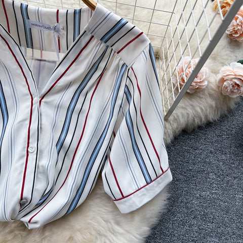 Short-sleeved Shirt&High-waist Skirt Striped 2Pcs