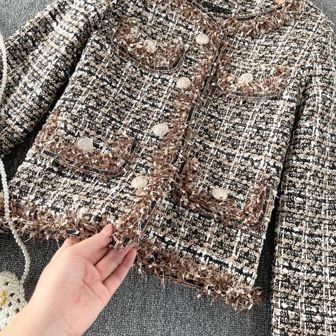 Loose Retro Coarse Floral Knitted Tassel Cropped Jacket