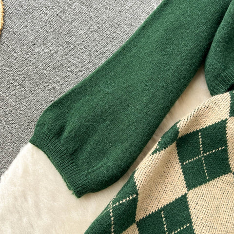 Cardigan&Rhombus Slip Dress Knitted 2Pcs