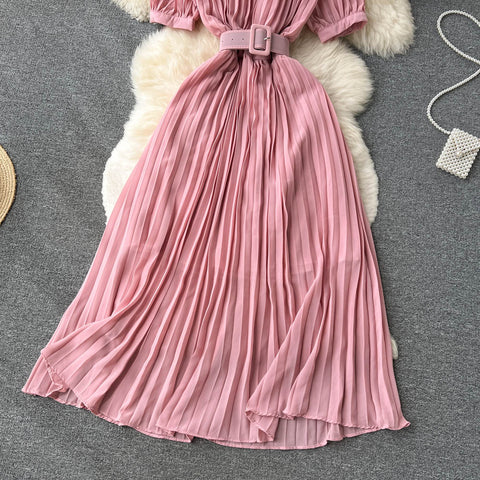 High Waist Tied Chiffon Pleated Dress